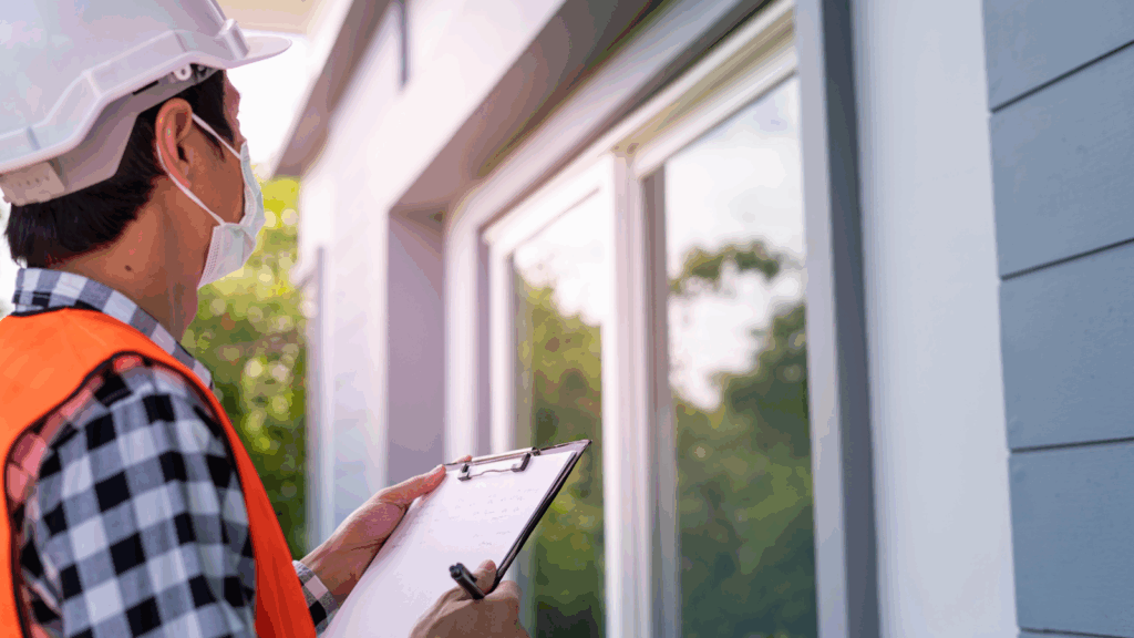 HUD inspector evaluating property exterior for compliance with Section 8 standards