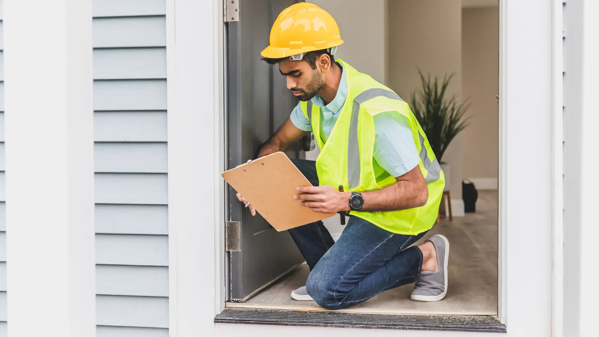 HUD inspector examining home entrance doorframe for compliance with Section 8 standards