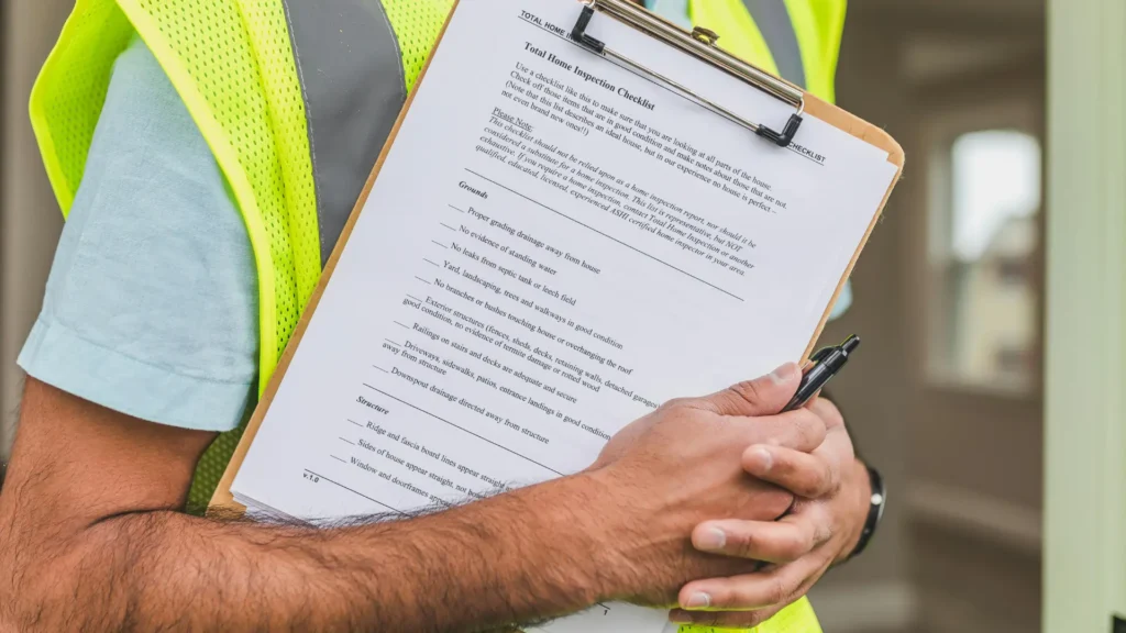 Inspector holding HQS inspection checklist to verify Section 8 housing quality standards