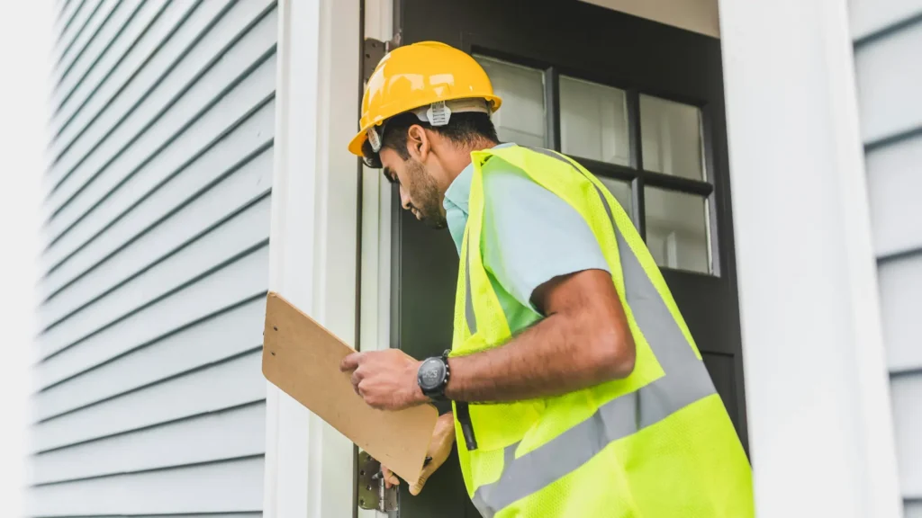 Inspector checking apartment entry during a national housing compliance review
