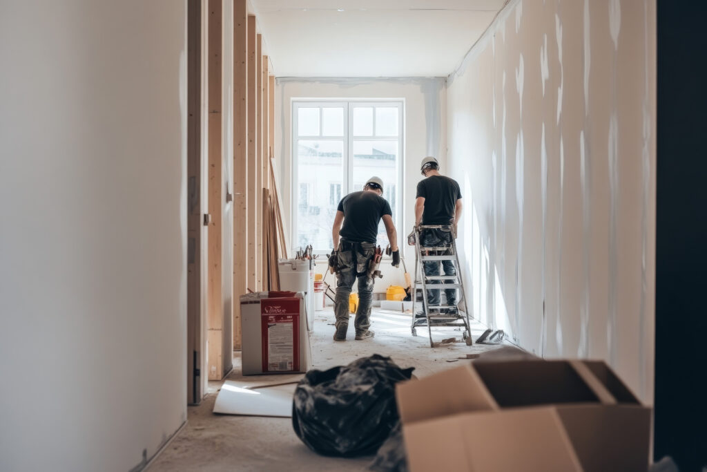 Construction workers in an apartment hallway representing a maintenance staffing agency at work