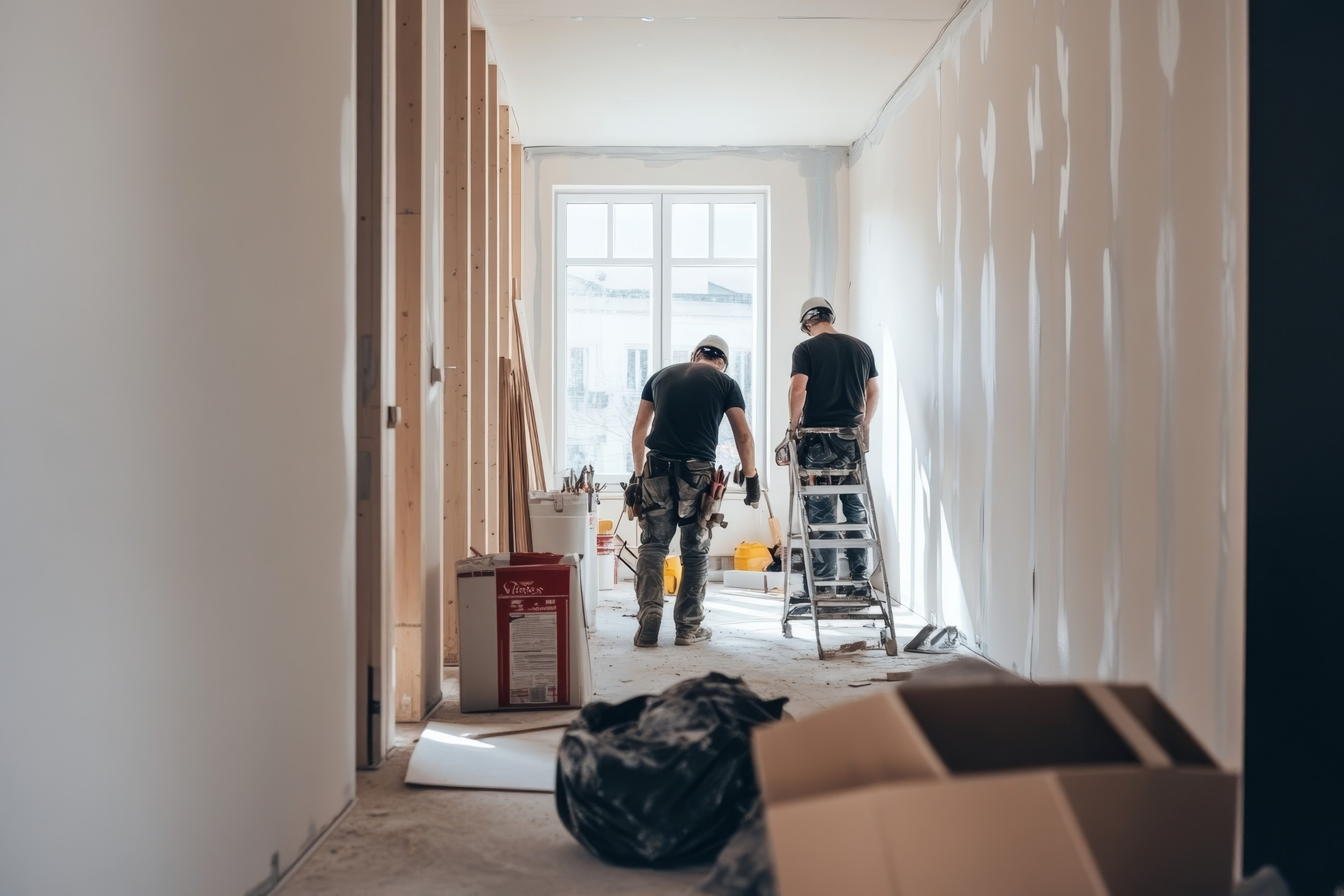 Construction workers in an apartment hallway representing a maintenance staffing agency at work