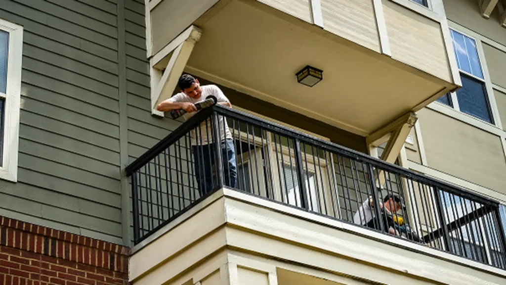 Apartment turnover contractors repairing exterior balcony railing during unit prep