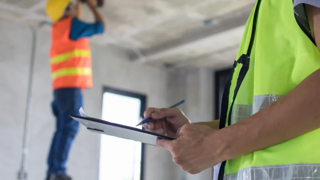 Inspector reviewing NSPIRE inspection checklist while repairs are completed