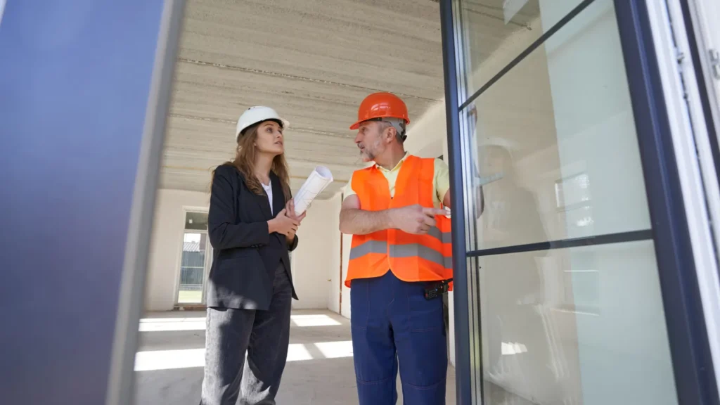 Inspector and property manager discussing building compliance during NSPIRE inspection