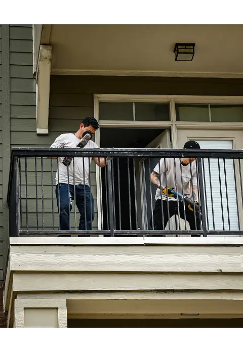 On-Site Apartment Renovations on Balcony Unit Technicians performing apartment renovations on an upper-level balcony