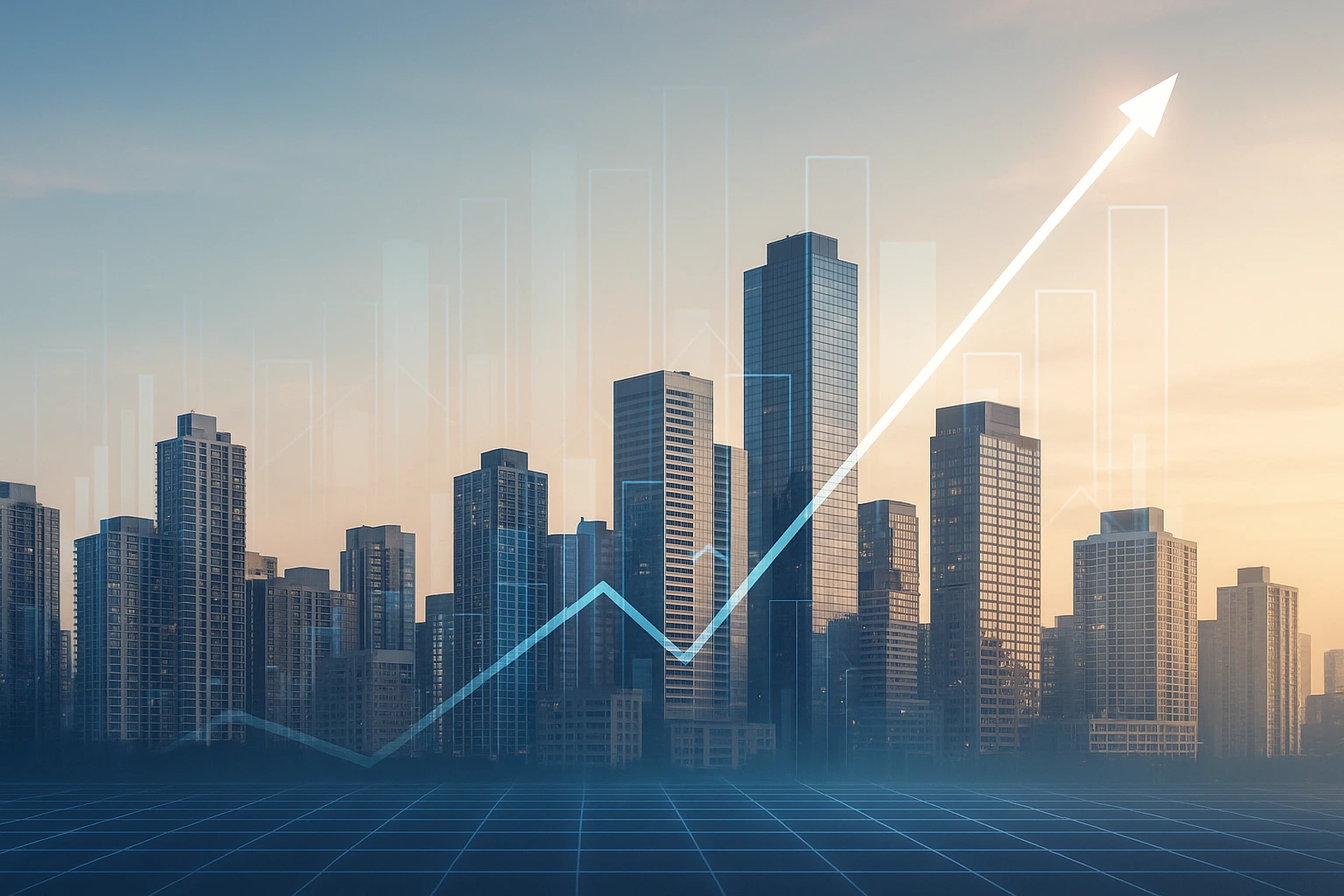 City skyline with upward growth chart representing CapEx formula in real estate