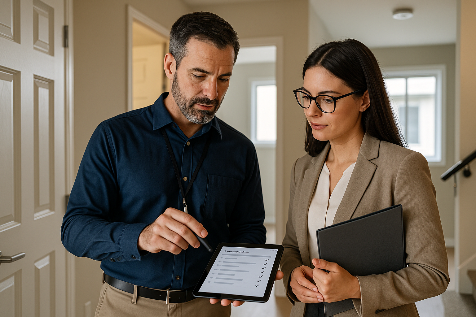 apartment-building-inspection-nspire-experts Inspector and property manager reviewing apartment building inspection checklist on a digital tablet