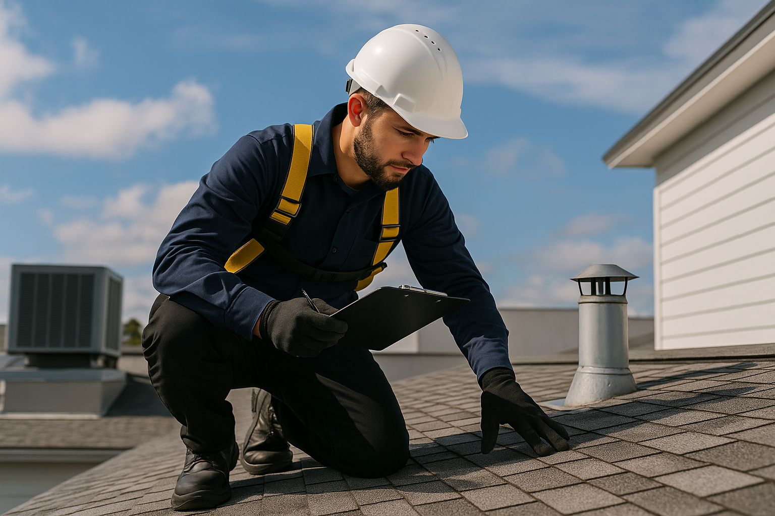 Inspector checks roof vent and shingles as part of the NSPIRE maintenance checklist