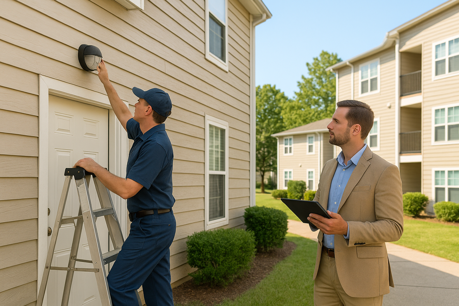 Maintenance technician and property manager inspect exterior lighting and railings for NSPIRE preventive maintenance compliance.