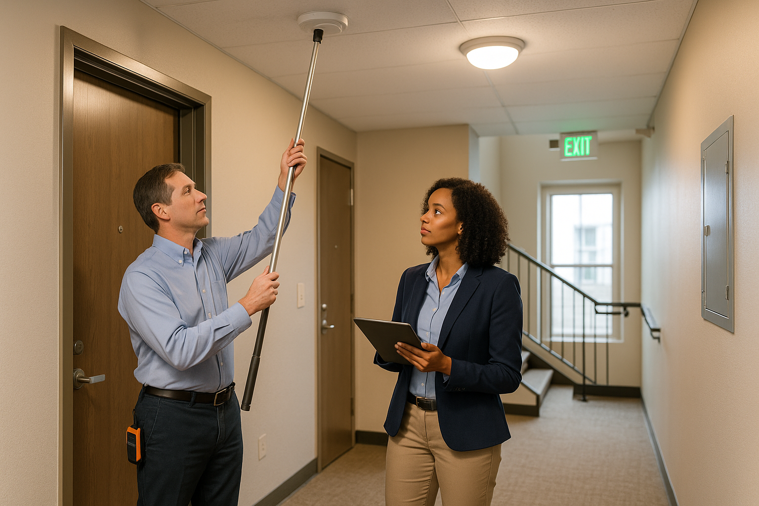 nspire-property-preparation Property manager performs nspire property preparation by testing a hallway smoke detector