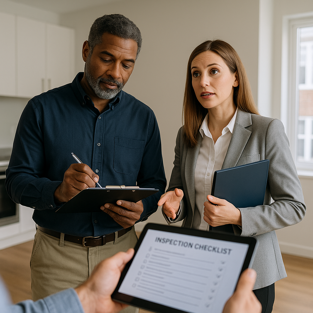section 8 inspection Property manager and HUD inspector reviewing a section 8 inspection checklist.