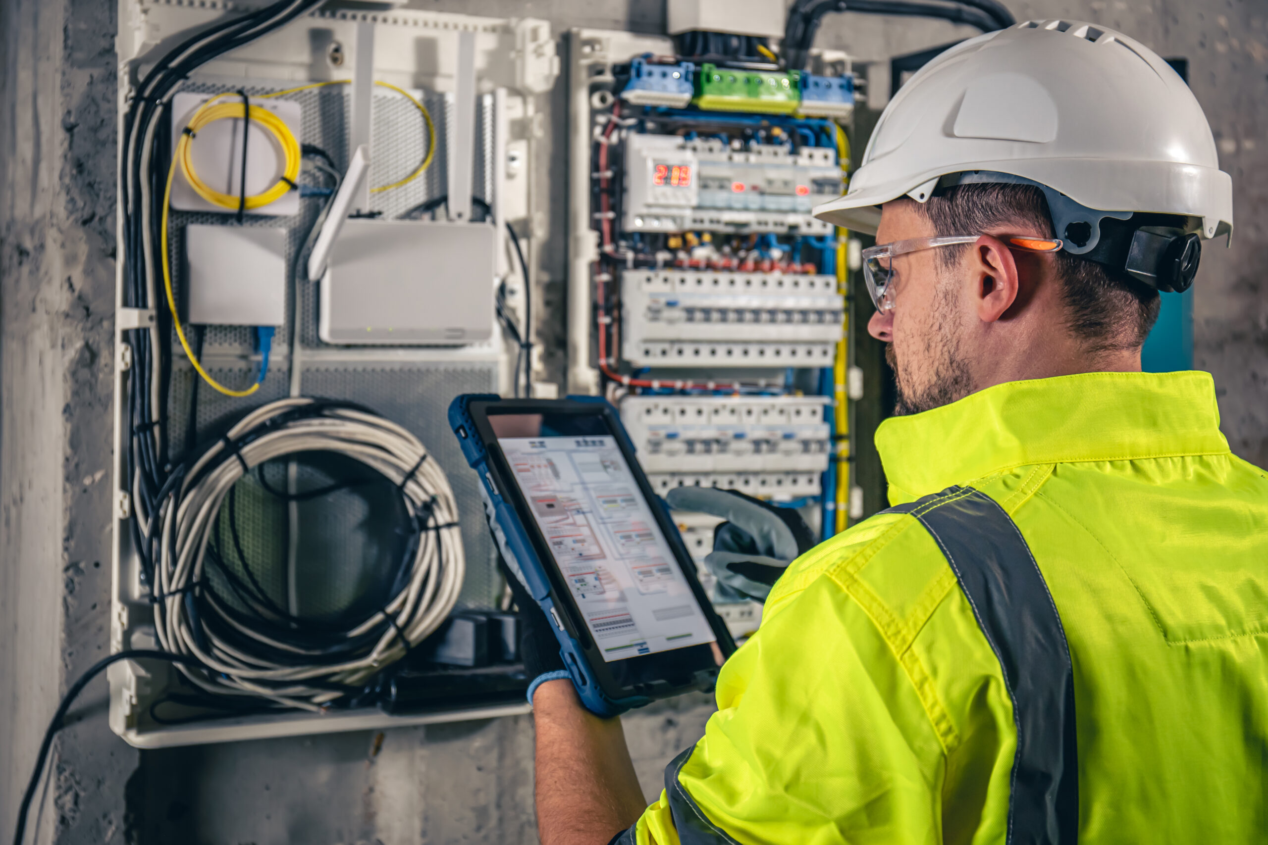 Man, an electrical technician working in a switchboard with fuses, uses a tablet. electrical inspection under wiring code compliance