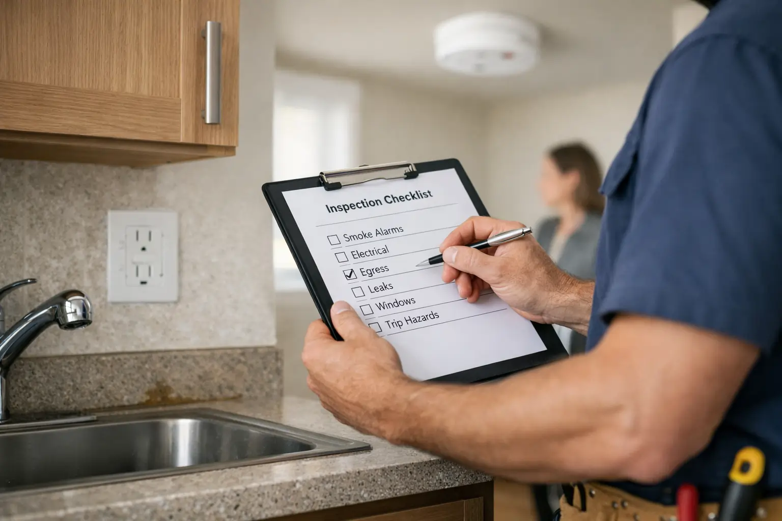 Inspector marking nspire deficiencies on maintenance checklist during unit review